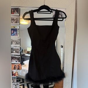 Black Sleeveless Square-Neck Dress with Feather Hem